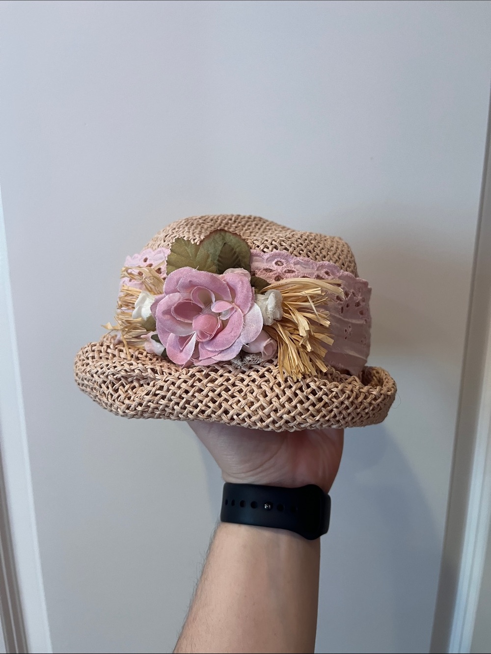 Girls Straw Sun Hat with Pink Floral Trim
